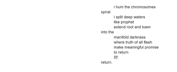 i hum the chromosomes 
 							spiral
i split deep waters 
like prophet 
extend root and loam 
into the 
manifold darkness 
where truth of all flesh
make meaningful promise 
to return
对
return.
